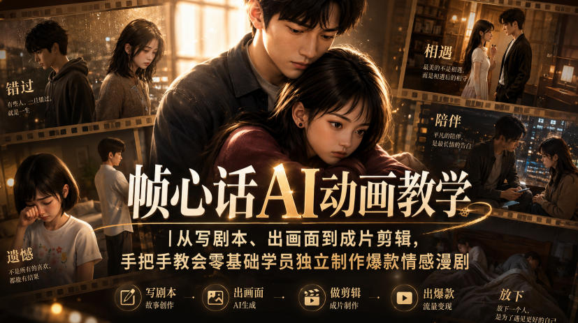 帧心话AI动画教学｜从写剧本、出画面到成片剪辑，手把手教会零基础学员独立制作爆款情感漫剧-紫橙资源网