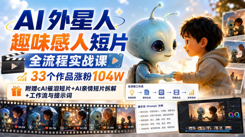 AI外星人趣味感人短片全流程实战课，33个作品涨粉104W，附赠AI催泪短片+AI亲情短片拆解+工作流与提示词-紫橙资源网