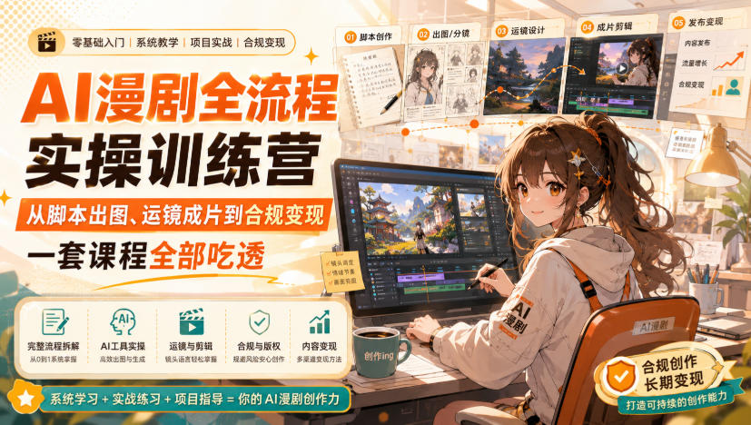 AI漫剧全流程实操训练营，从脚本出图、运镜成片到合规变现，一套课程全部吃透-紫橙资源网