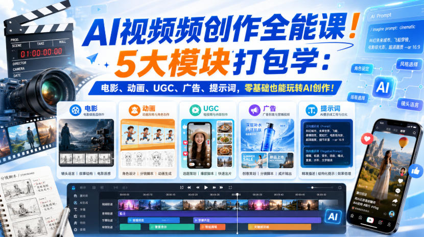 AI视频频创作全能课！5大模块打包学：电影、动画、UGC、广告、提示词，零基础也能玩转AI创作！【原创双语字幕】-紫橙资源网