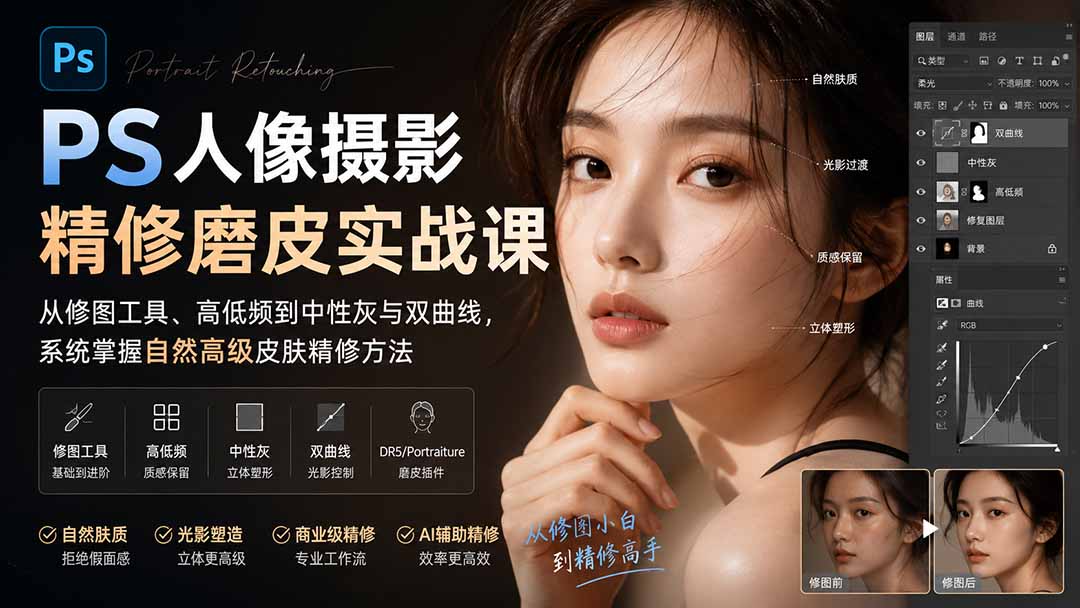 PS人像摄影精修磨皮实战课：从修图工具、高低频到中性灰与双曲线，系统掌握自然高级皮肤精修方法-紫橙资源网