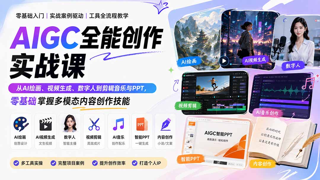 AIGC全能创作实战课：从AI绘画、视频生成、数字人到剪辑音乐与PPT，零基础掌握多模态内容创作技能-紫橙资源网