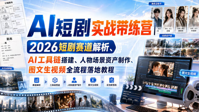 AI短剧实战带练营|2026短剧赛道解析、AI工具链搭建、人物场景资产制作、图文生视频全流程落地教程-紫橙资源网