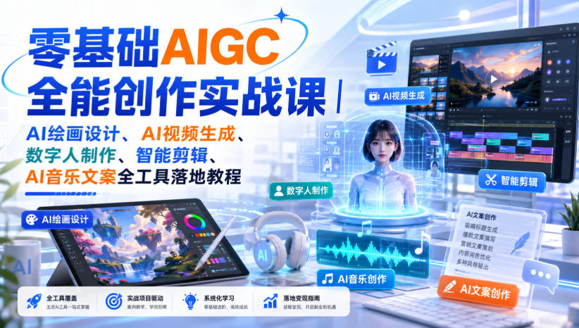 零基础AIGC全能创作实战课｜AI绘画设计、AI视频生成、数字人制作、智能剪辑、AI音乐文案全工具落地教程-紫橙资源网