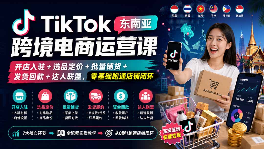 TikTok东南亚跨境电商运营课:开店入驻+选品定价+批量铺货+发货回款+达人联盟,零基础跑通店铺闭环-紫橙资源网