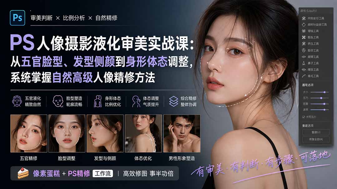 PS人像摄影液化审美实战课：从五官脸型、发型侧颜到身形体态调整，系统掌握自然高级人像精修方法-紫橙资源网