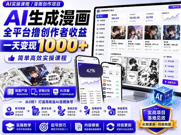 AI生成漫画全平台撸创作者收益内部课程，实操最高单日变现1k+-紫橙资源网