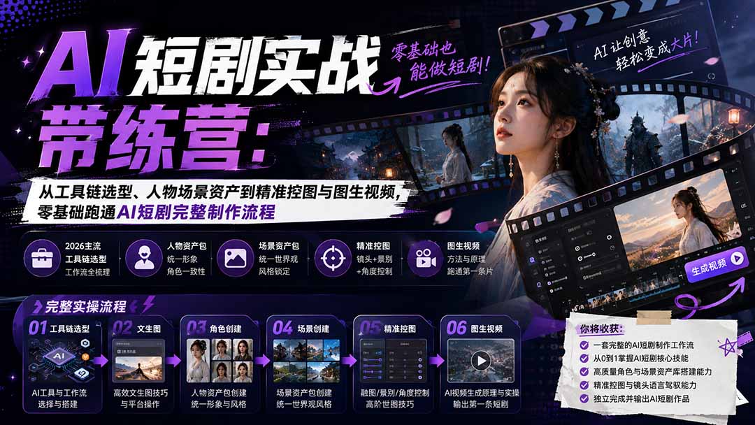 AI短剧实战训练营：从工具链选型、人物场景资产到精准控图与图生视频，零基础跑通AI短剧完整制作流程-紫橙资源网