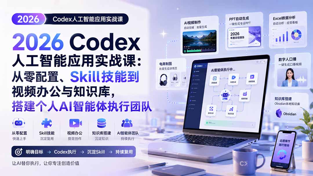 2026 Codex人工智能应用实战课：从零配置、Skill技能到视频办公与知识库，搭建个人AI智能体执行团队-紫橙资源网