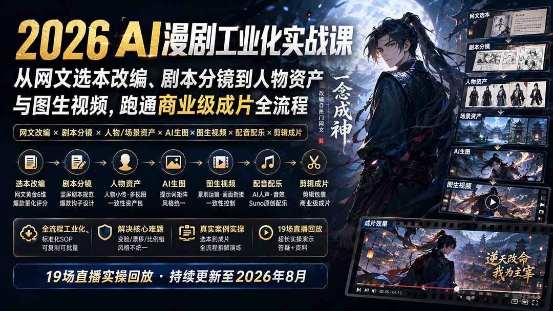 2026 AI漫剧工业化实战课-更新：从网文选本改编、剧本分镜到人物资产与图生视频，跑通商业级成片全流程-紫橙资源网