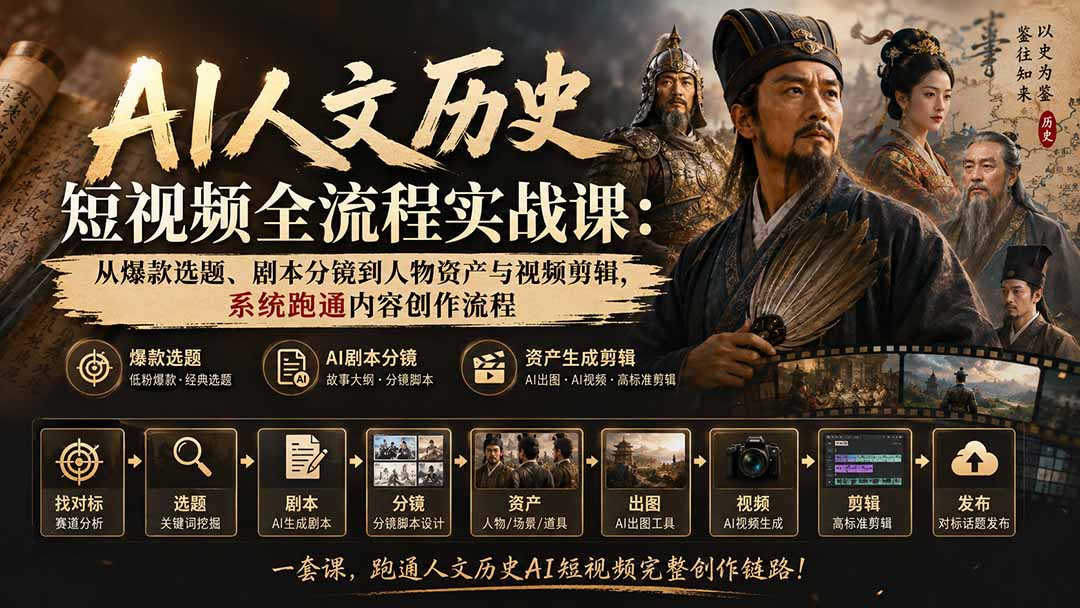 AI人文历史短视频全流程实战课：从爆款选题、剧本分镜到人物资产与视频剪辑，系统跑通内容创作流程-紫橙资源网