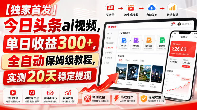 【独家首发】今日头条ai视频，单日收益300+，全自动保姆级教程，实测20天稳定提现-紫橙资源网