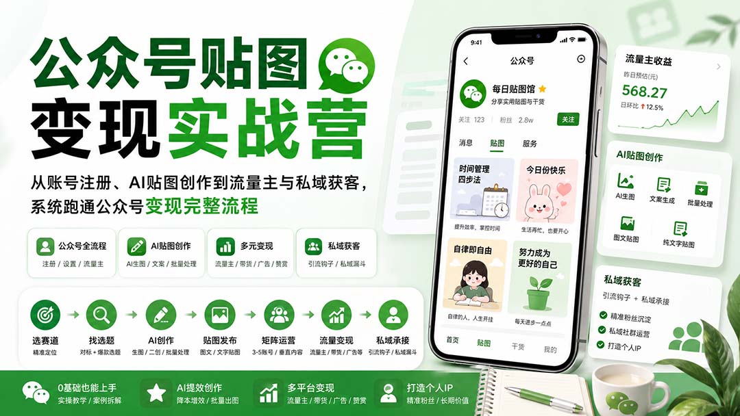 公众号贴图变现实战营:从账号注册、AI贴图创作到流量主与私域获客,系统跑通公众号变现完整流程-紫橙资源网