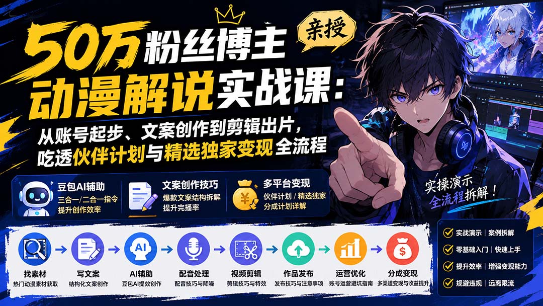 50万粉丝博主亲授动漫解说实战课:从账号起步、文案创作到剪辑出片,吃透伙伴计划与精选独家变现全流程-紫橙资源网