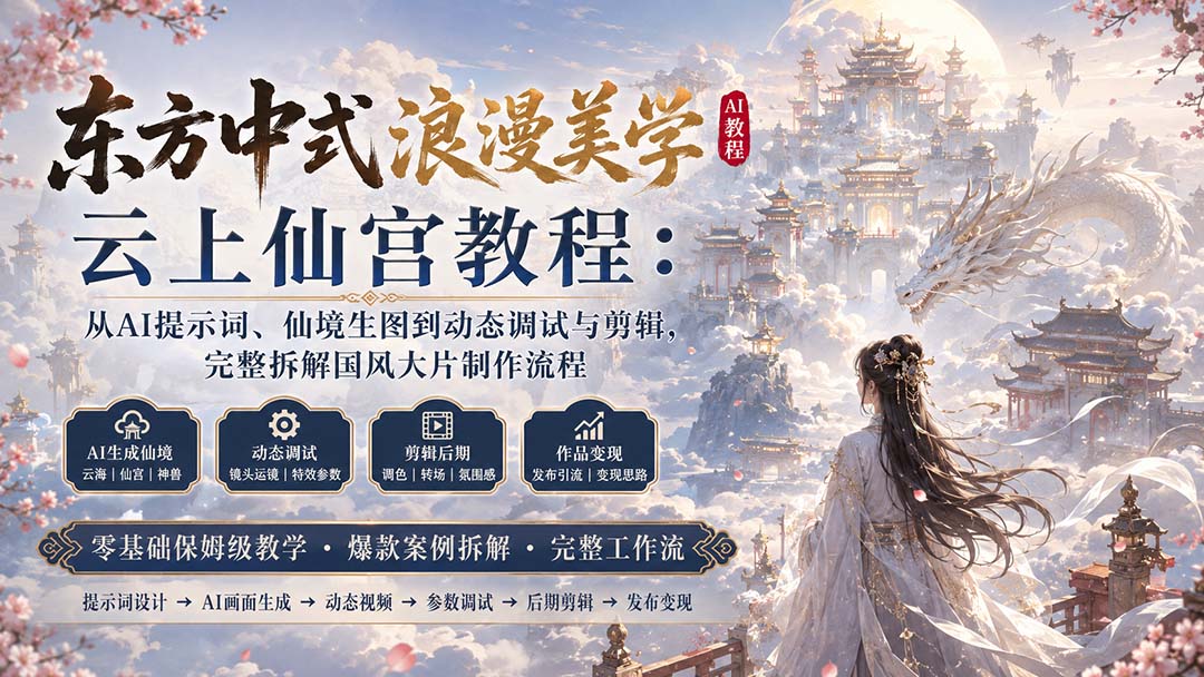 东方中式浪漫美学云上仙宫教程:从AI提示词、仙境生图到动态调试与剪辑,完整拆解国风大片制作流程-紫橙资源网