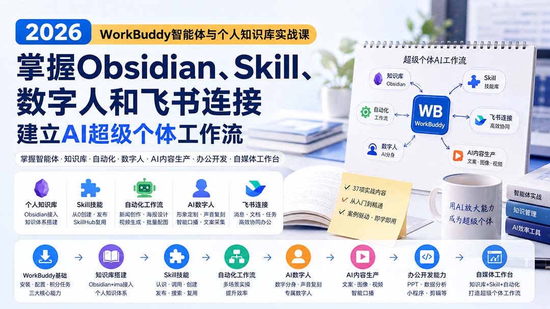 2026 WorkBuddy智能体与个人知识库实战课:掌握Obsidian、Skill、数字人和飞书连接,建立AI超级个体工作流-紫橙资源网