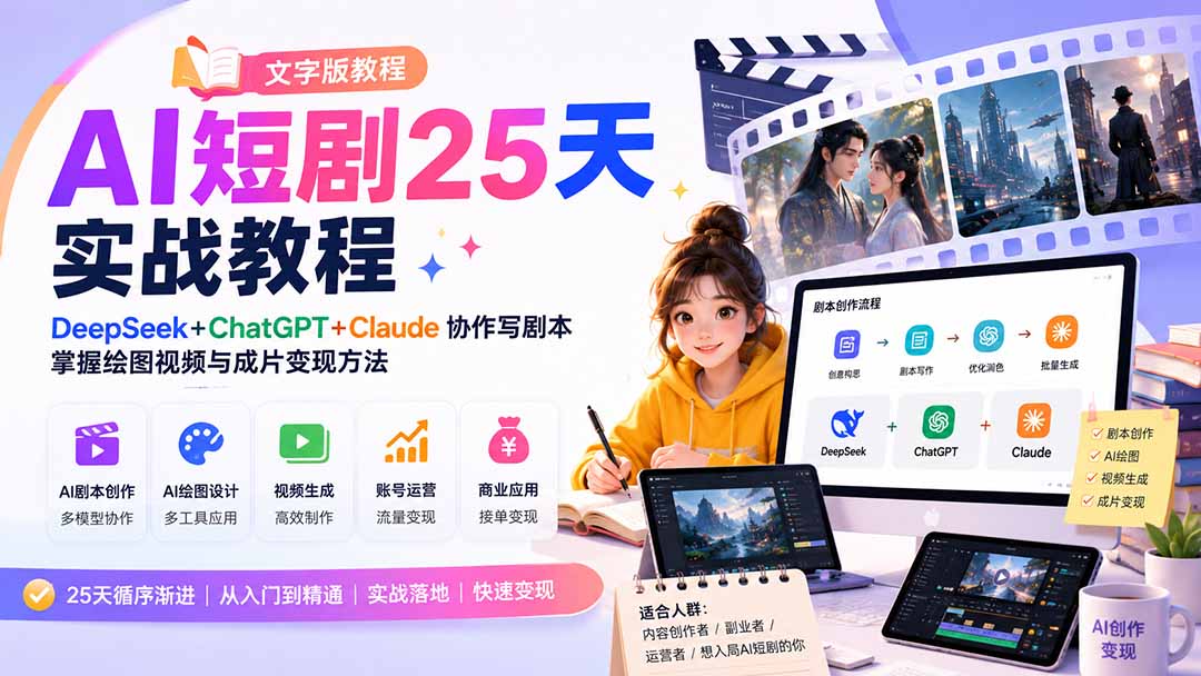AI短剧25天实战教程(文字版教程):DeepSeek+ChatGPT+Claude协作写剧本,掌握绘图视频与成片变现方法-紫橙资源网