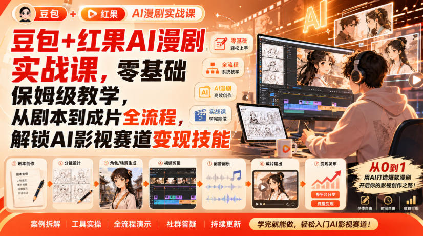 豆包+红果AI漫剧实战课,零基础保姆级教学,从剧本到成片全流程,解锁AI影视赛道变现技能-紫橙资源网