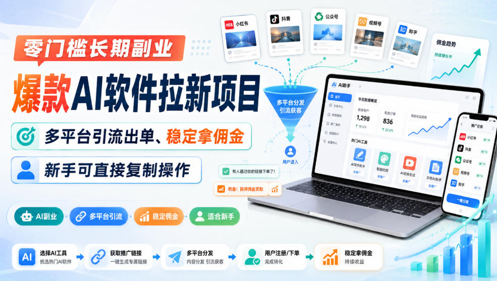 零门槛长期副业,爆款AI软件拉新项目,多平台引流出单、稳定拿佣金,新手可直接复制操作-紫橙资源网