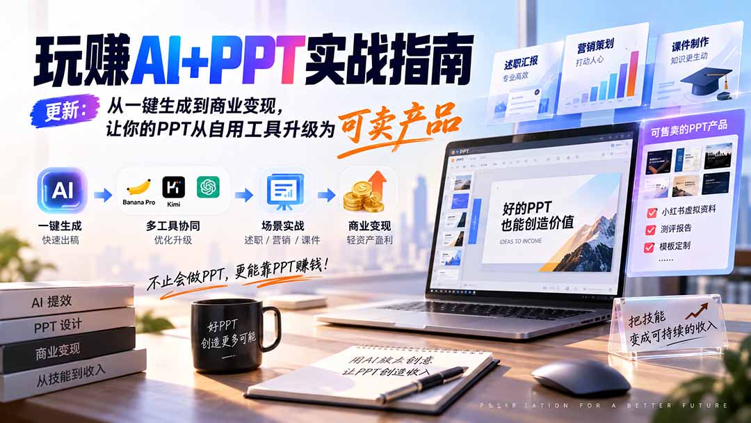 玩赚AI+PPT实战指南-更新5月13：从一键生成到商业变现，让你的PPT从自用工具升级为可卖产品-紫橙资源网