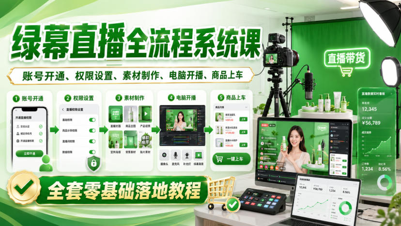 绿幕直播全流程系统课，账号开通、权限设置、素材制作、电脑开播、商品上车全套零基础落地教程-紫橙资源网