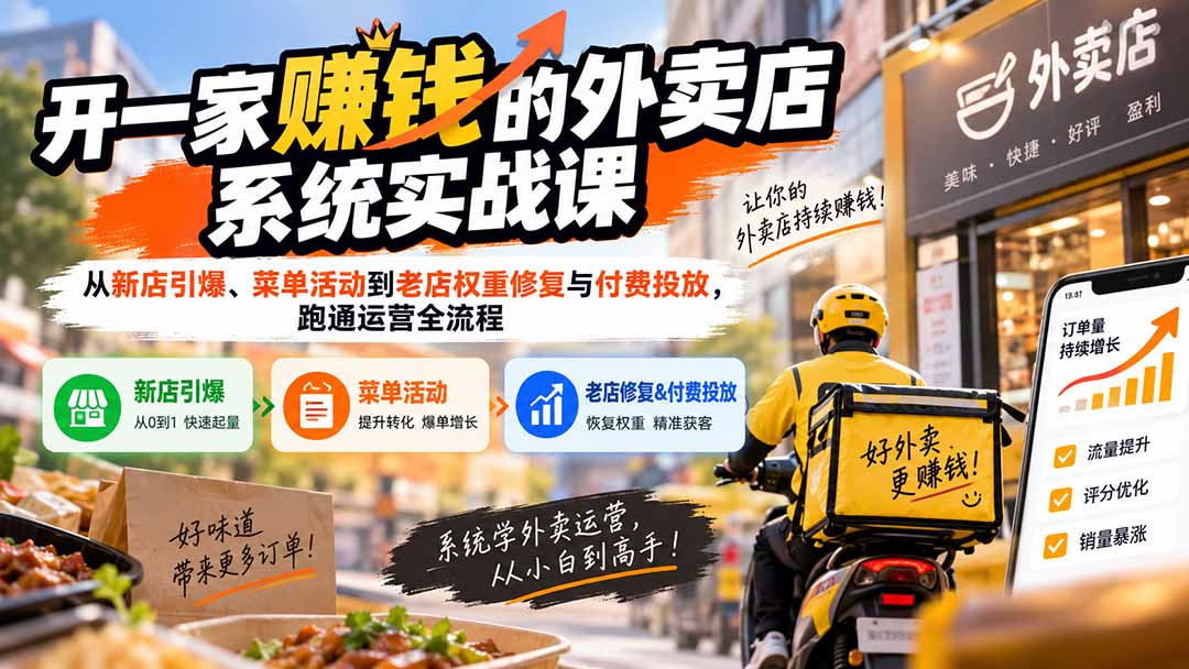 开一家赚钱的外卖店系统实战课：从新店引爆、菜单活动到老店权重修复与付费投放，跑通运营全流程-紫橙资源网