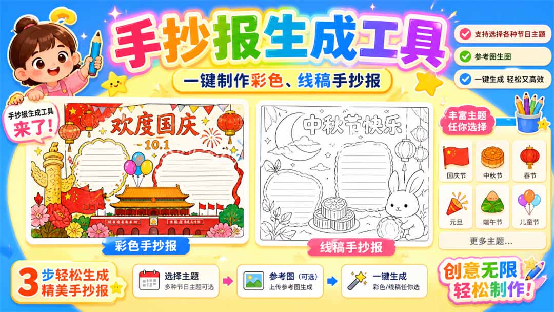 手抄报批量生成工具来了,完全免费,告别豆包生图,这个高清无水印-紫橙资源网