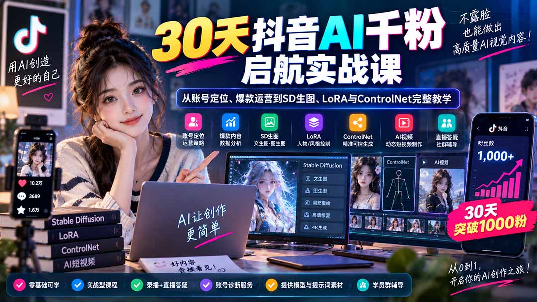 30天抖音AI千粉启航实战课:从账号定位、爆款运营到SD生图、LoRA与ControlNet完整教学-紫橙资源网