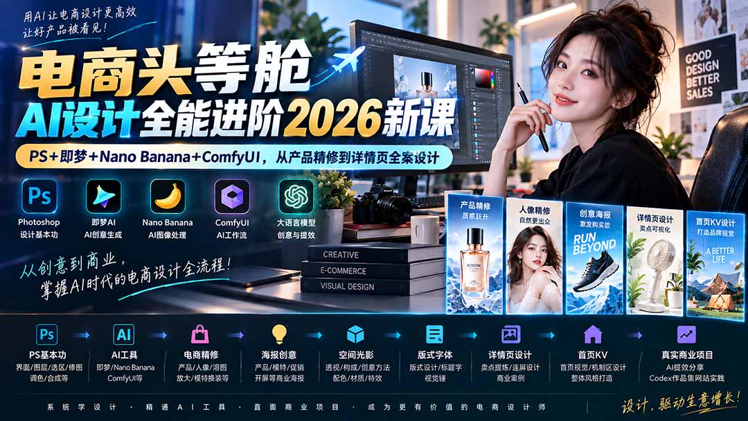电商头等舱AI设计全能进阶2026新课:PS+即梦+Nano Banana+ComfyUI,从产品精修到详情页全案设计-紫橙资源网