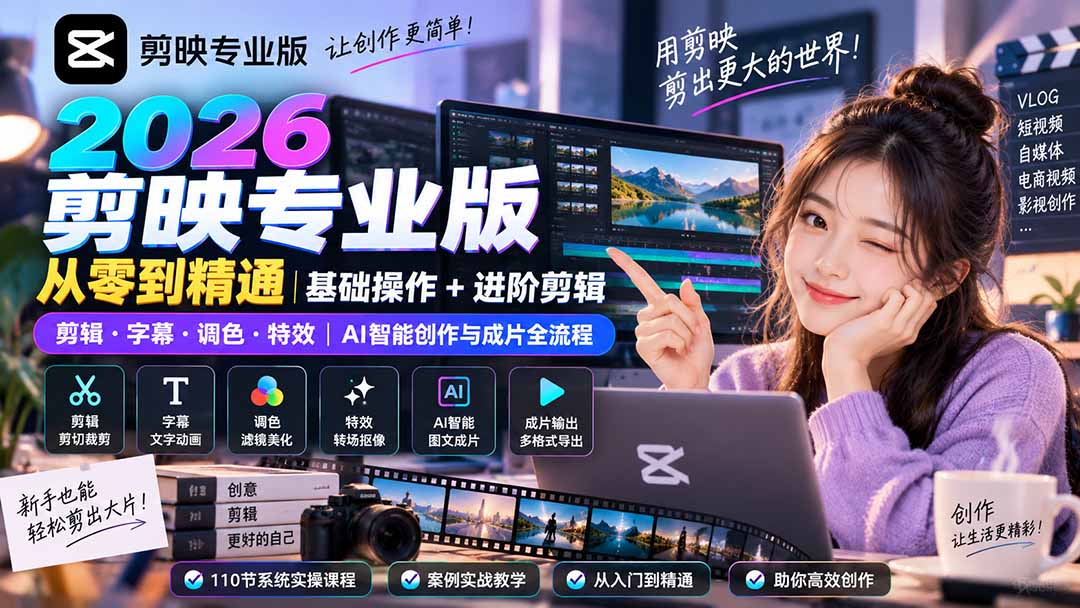 2026剪映专业版从零到精通|基础操作+进阶剪辑|剪辑·字幕·调色·特效|AI智能创作与成片全流程-紫橙资源网