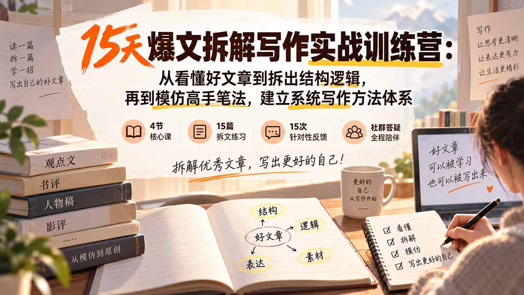 15天爆文拆解写作实战训练营：从看懂好文章到拆出结构逻辑，再到模仿高手笔法，建立系统写作方法体系-紫橙资源网