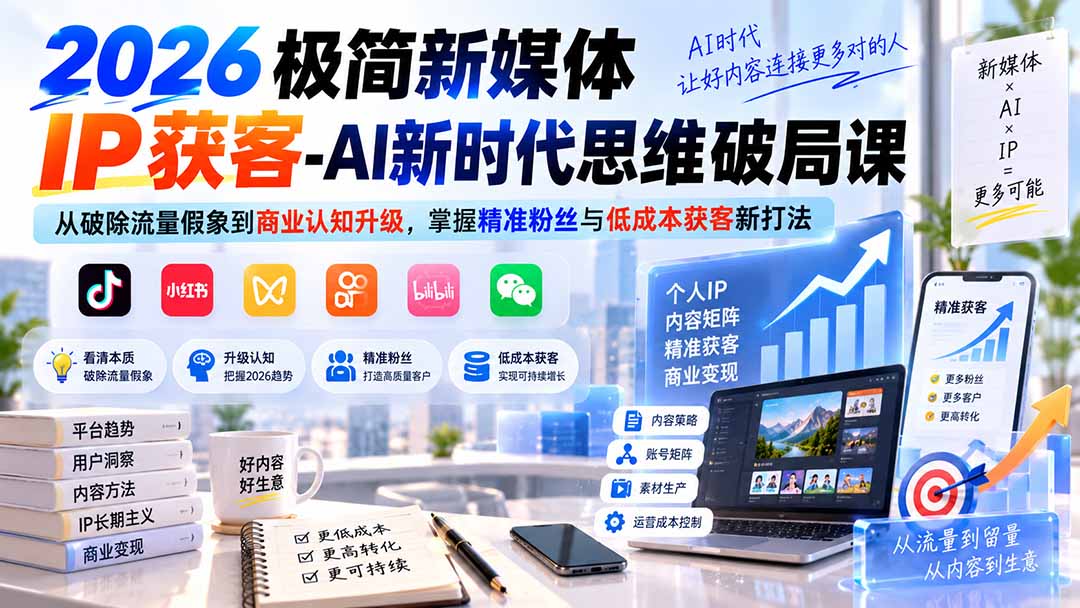 2026极简新媒体IP获客-AI新时代思维破局课：从破除流量假象到商业认知升级，掌握精准粉丝与低成本获客新打法-紫橙资源网