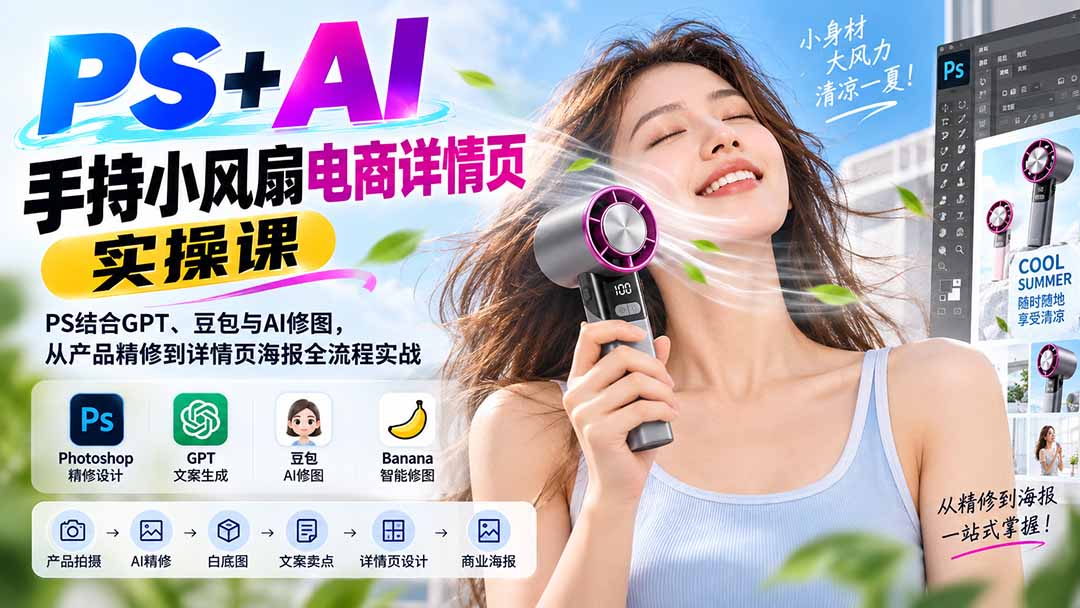 PS+AI手持小风扇电商详情页实操课:PS结合GPT、豆包与AI修图,从产品精修到详情页海报全流程实战-紫橙资源网