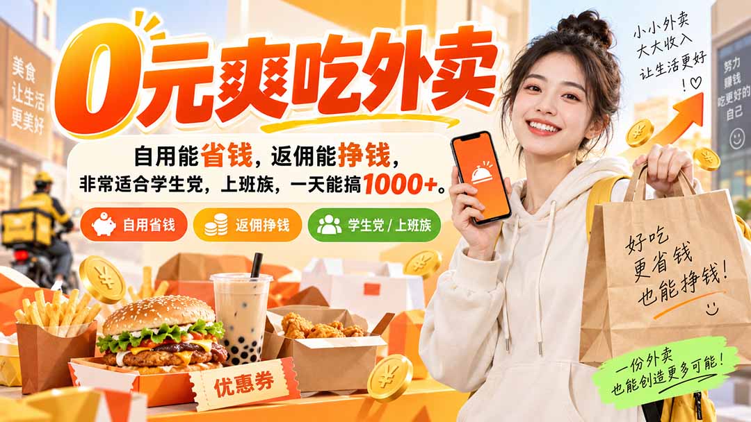 0元爽吃外卖,自用能省钱,返佣能挣钱,非常适合学生党,上班族,一天能搞1000+-紫橙资源网