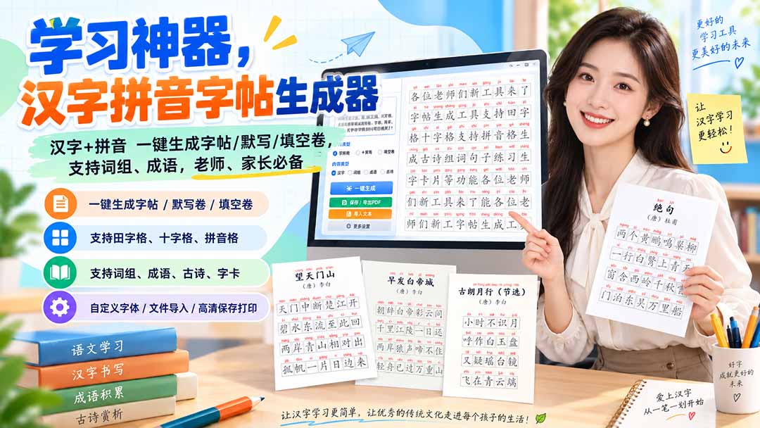 学习神器,汉字拼音字帖生成器,汉字+拼音 一键生成字帖/默写/填空卷,支持词组、成语,老师、家长必备-紫橙资源网
