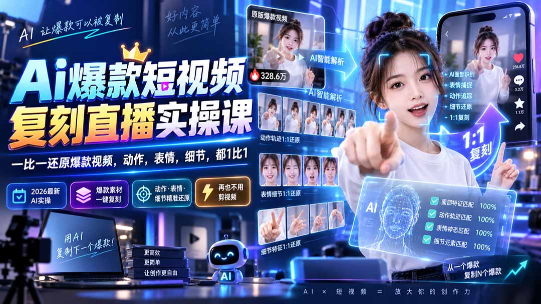 最新Ai爆款短视频复刻直播实操课,一比一还原爆款视频,动作,表情,细节,都1比1-紫橙资源网