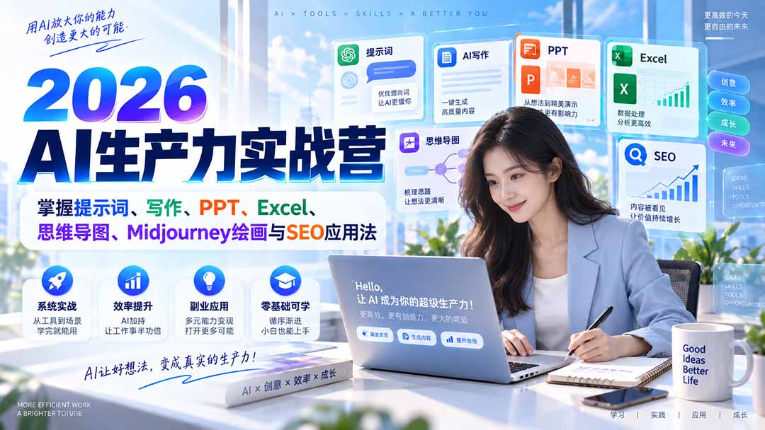 2026AI生产力实战营:掌握提示词、写作、PPT、Excel、思维导图、Midjourney绘画与SEO应用法-紫橙资源网