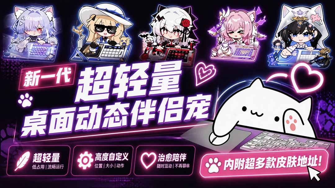 开源免费用!新一代超轻量桌面动态伴侣宠,体验更美观,更丝滑,内附超多款皮肤地址,BongoCat-紫橙资源网