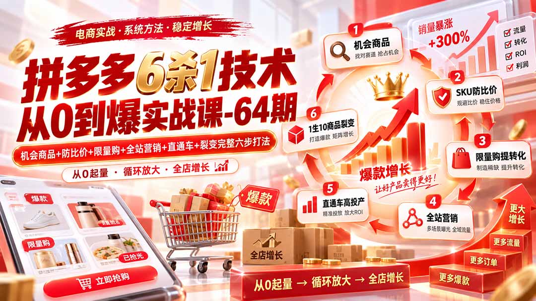 拼多多6杀1技术从0到爆实战课-64期:机会商品+防比价+限量购+全站营销+直通车+裂变完整六步打法-紫橙资源网