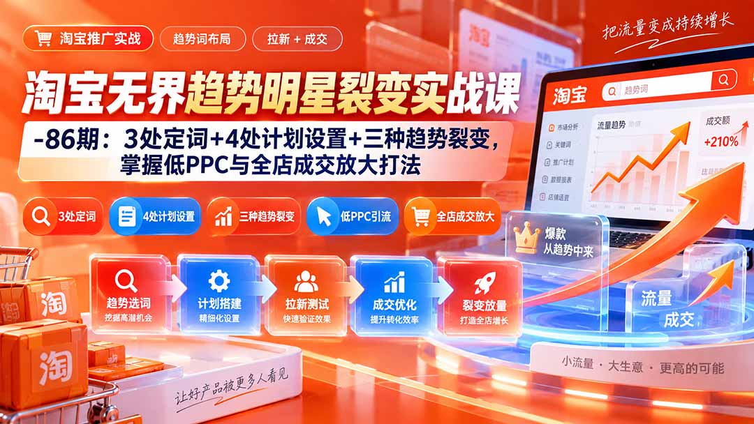淘宝无界趋势明星裂变实战课-86期:3处定词+4处计划设置+三种趋势裂变,掌握低PPC与全店成交放大打法-紫橙资源网