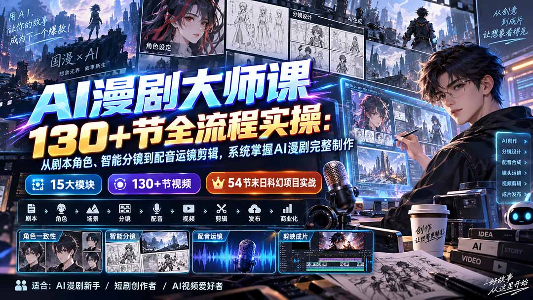 AI漫剧大师课130+节全流程实操:从剧本角色、智能分镜到配音运镜剪辑,系统掌握AI漫剧完整制作-紫橙资源网