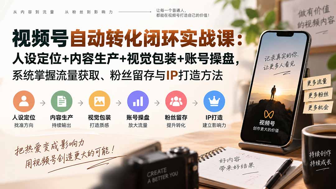 视频号自动转化闭环实战课:人设定位+内容生产+视觉包装+账号操盘,系统掌握流量获取、粉丝留存与IP打造方法-紫橙资源网