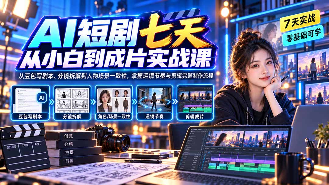 AI短剧七天从小白到成片实战课:从豆包写剧本、分镜拆解到人物场景一致性,掌握运镜节奏与剪辑完整制作流程-紫橙资源网