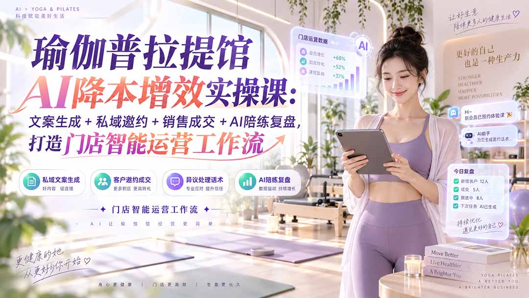 瑜伽普拉提馆AI降本增效实操课:文案生成+私域邀约+销售成交+AI陪练复盘,打造门店智能运营工作流-紫橙资源网