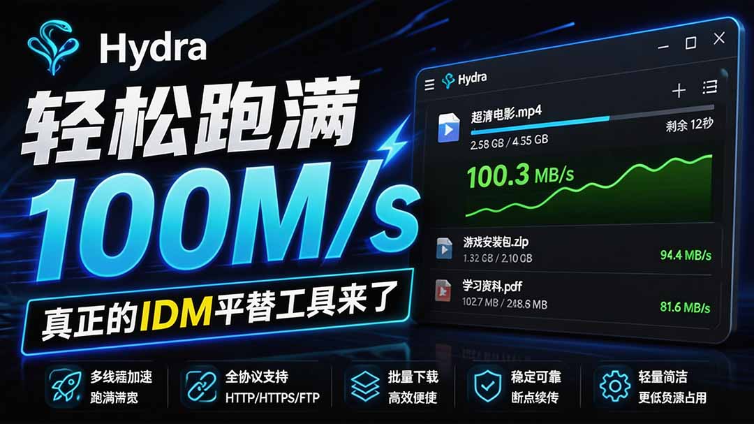 轻松跑满100M/s,真正的IDM平替工具来了,开源多线程器,支持浏览器拓展,一键智能加速 Hydra Download Manager-紫橙资源网