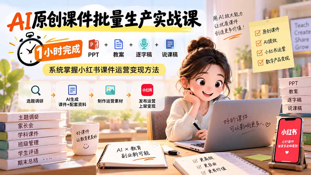 AI原创课件批量生产实战课:1小时完成PPT+教案+逐字稿+说课稿,系统掌握小红书课件运营变现方法-紫橙资源网