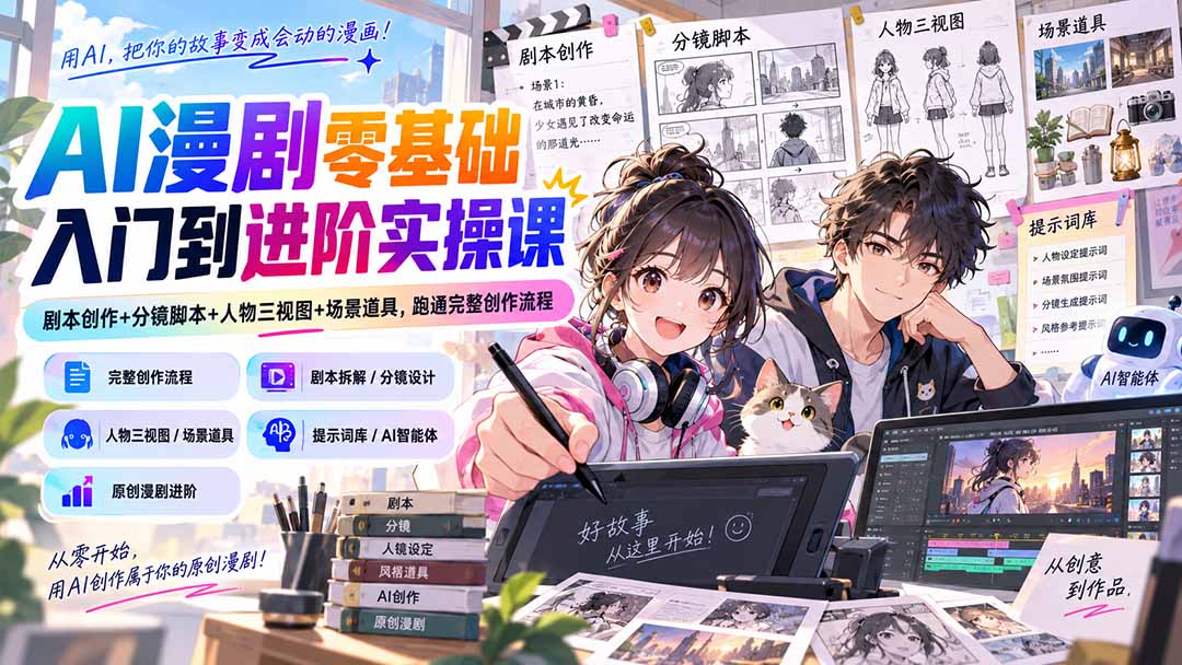 AI漫剧零基础入门到进阶实操课:剧本创作+分镜脚本+人物三视图+场景道具,跑通完整创作流程-紫橙资源网