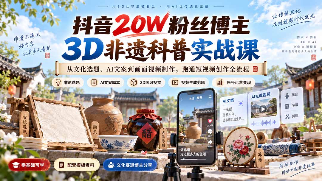 抖音20W粉丝博主3D非遗科普实战课:从文化选题、AI文案到画面视频制作,跑通短视频创作全流程-紫橙资源网