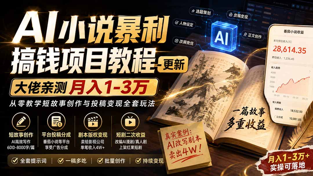 AI小说短故事暴利搞钱项目教程-更新,大佬亲测月入1-3万,从零教学短故事创作与投稿变现全套玩法-紫橙资源网