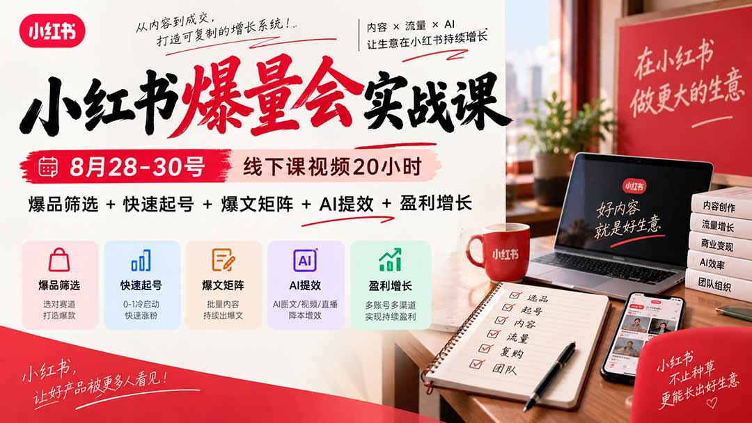 小红书爆量会实战课:8月28-30号线下课视频20小时,爆品筛选+快速起号+爆文矩阵+AI提效+盈利增长-紫橙资源网